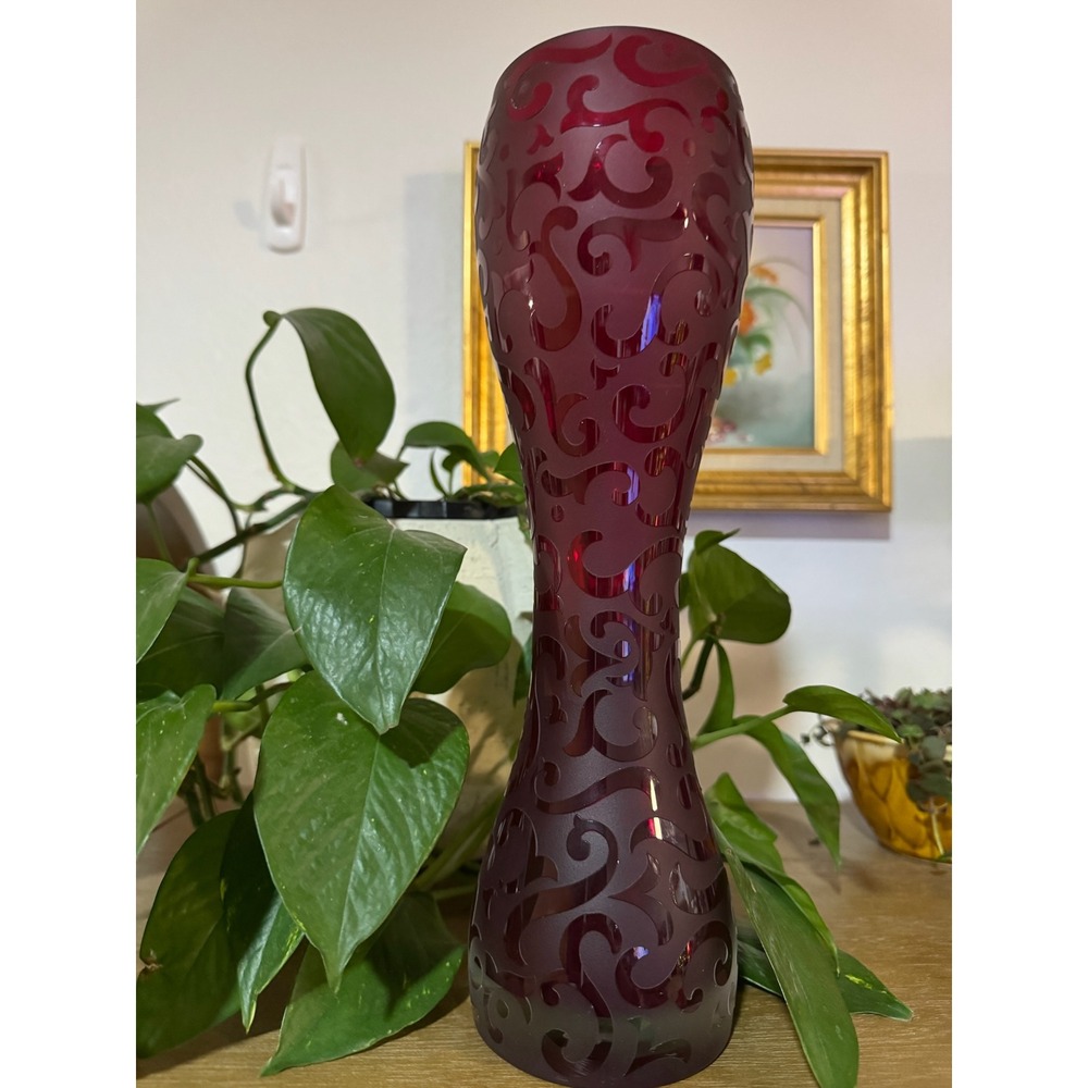 Vintage Cased‎ Ruby Red Frosted Glass Art Glass Vase - Tall Christmas